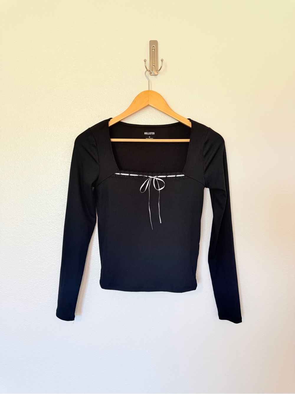Hollister Black Long Sleeve Square Neck Top with bow  Detail